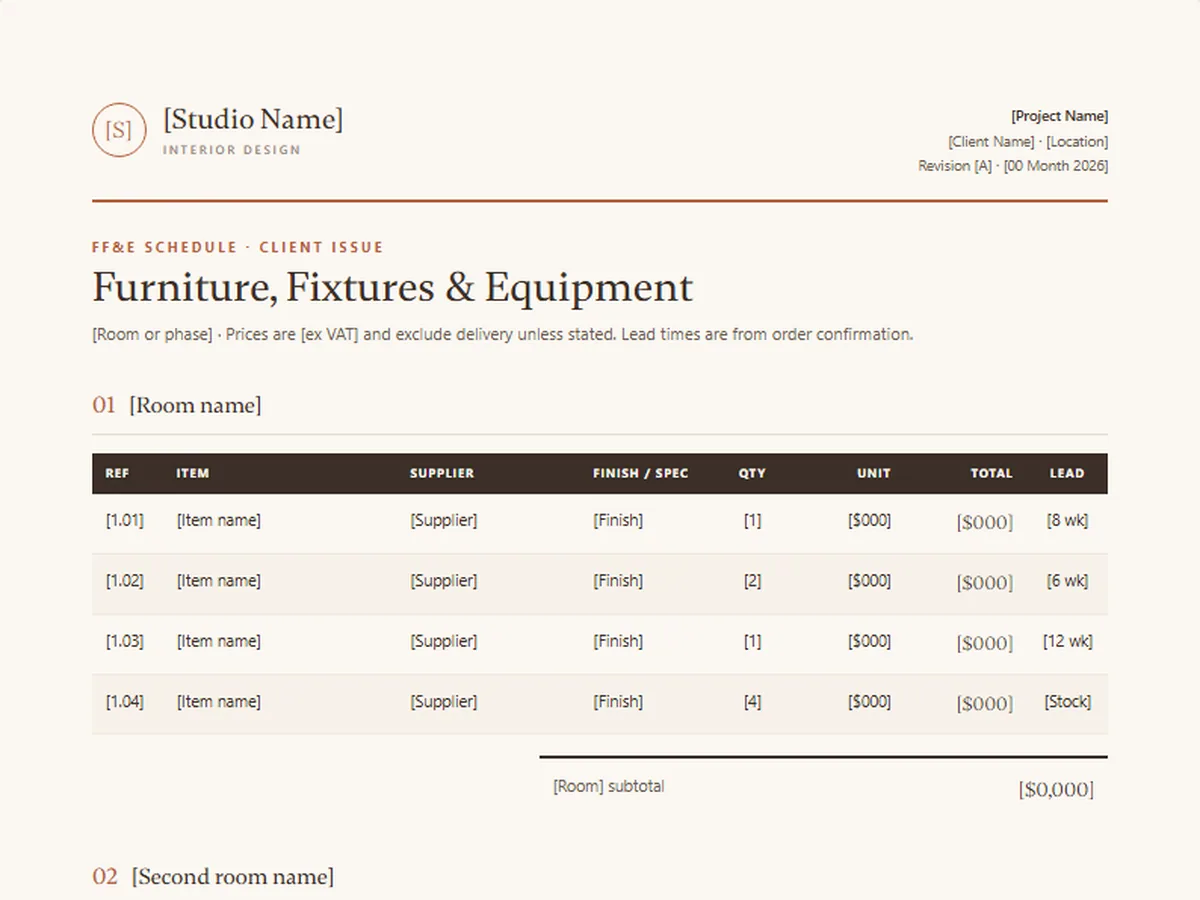 FF&E schedule template, MARL house style