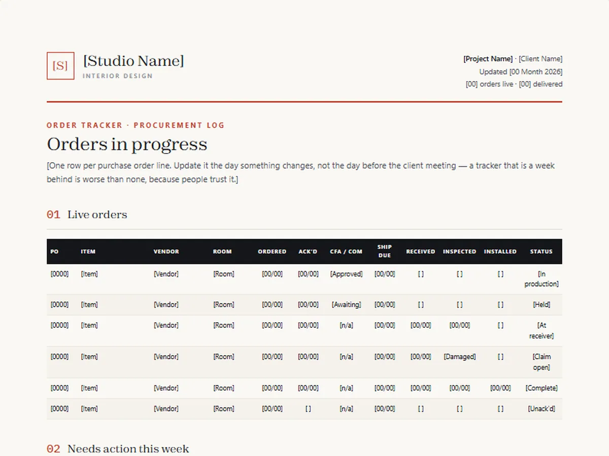 Order tracker template, DATUM house style