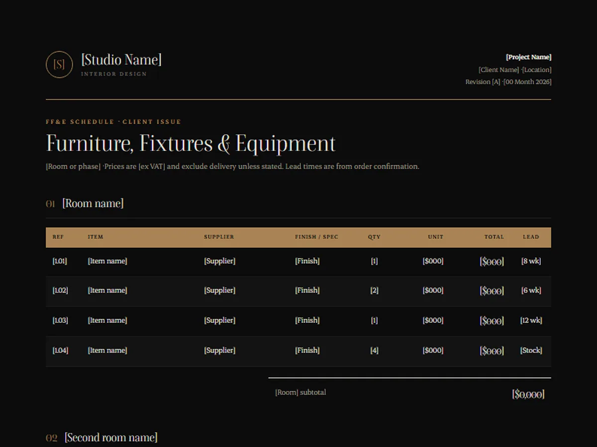FF&E schedule template, NOCTURNE house style