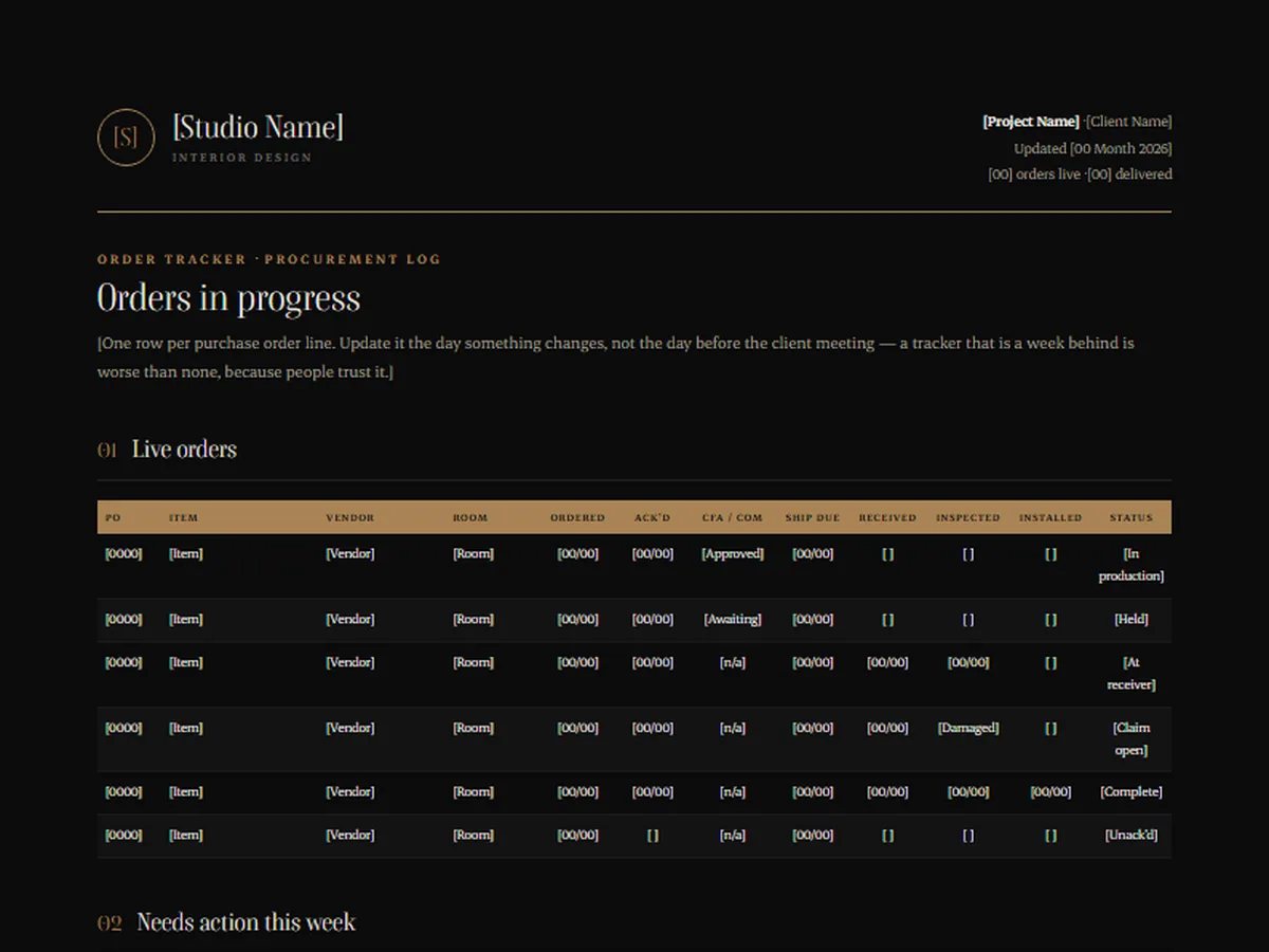 Order tracker template, NOCTURNE house style
