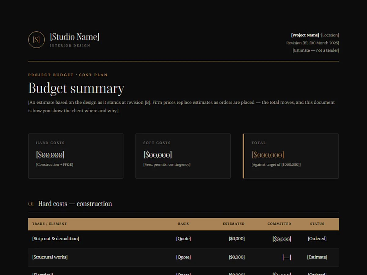 Project budget template, NOCTURNE house style