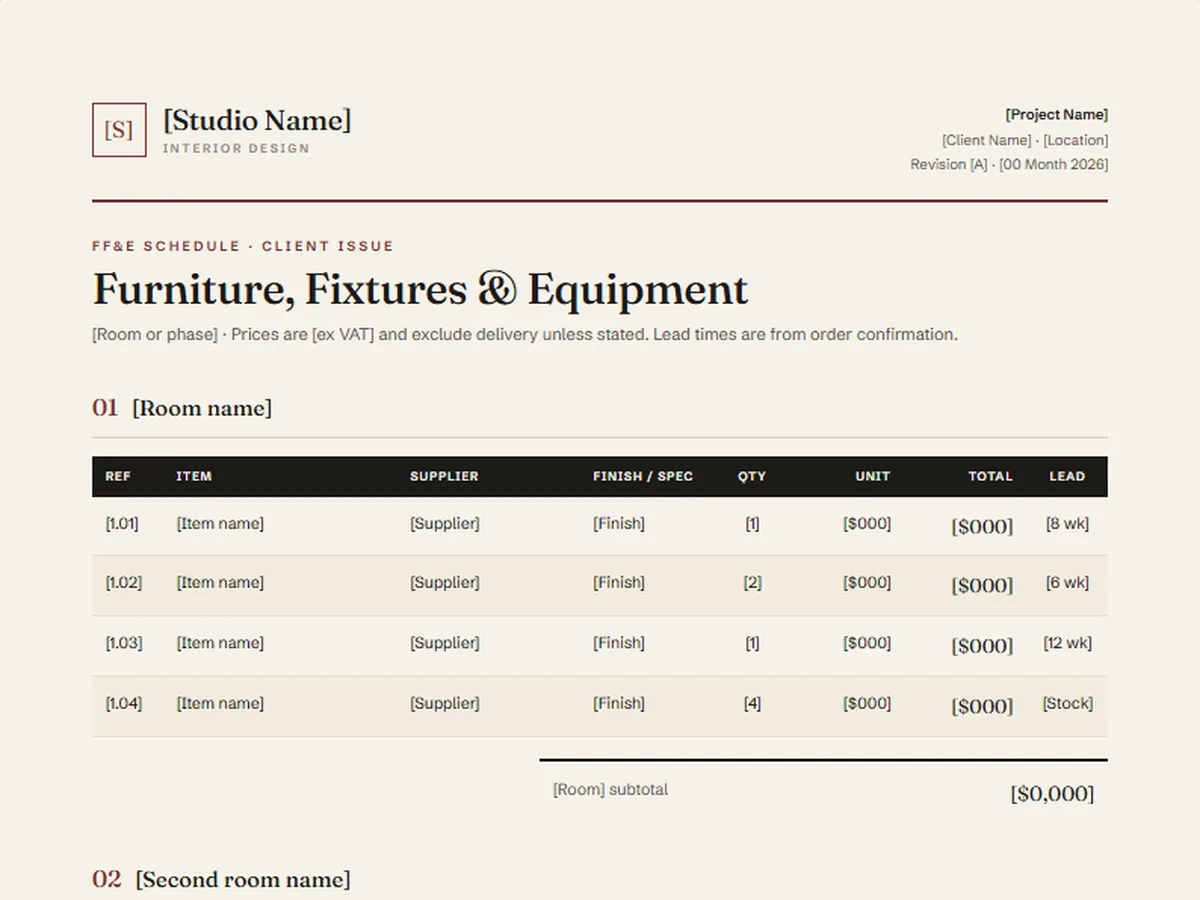 FF&E schedule template, QUARTO house style