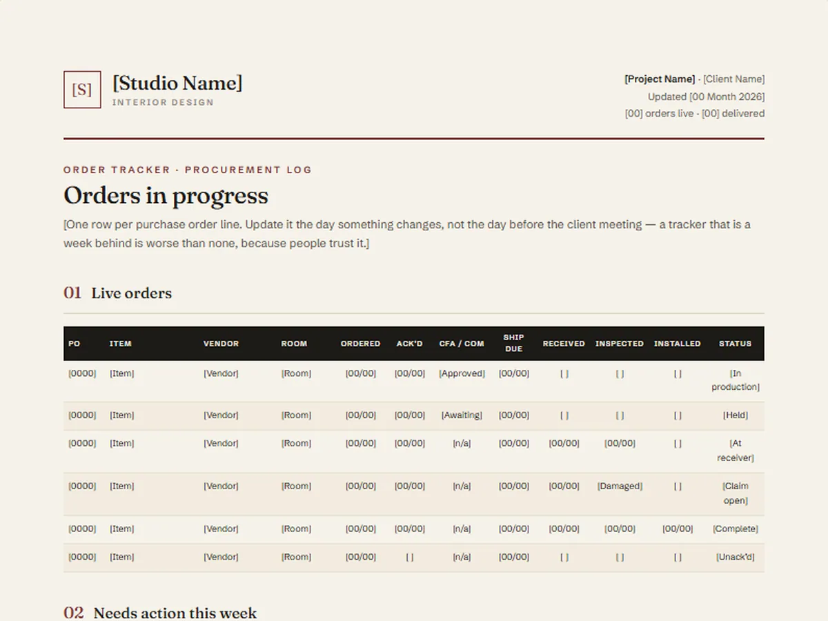 Order tracker template, QUARTO house style