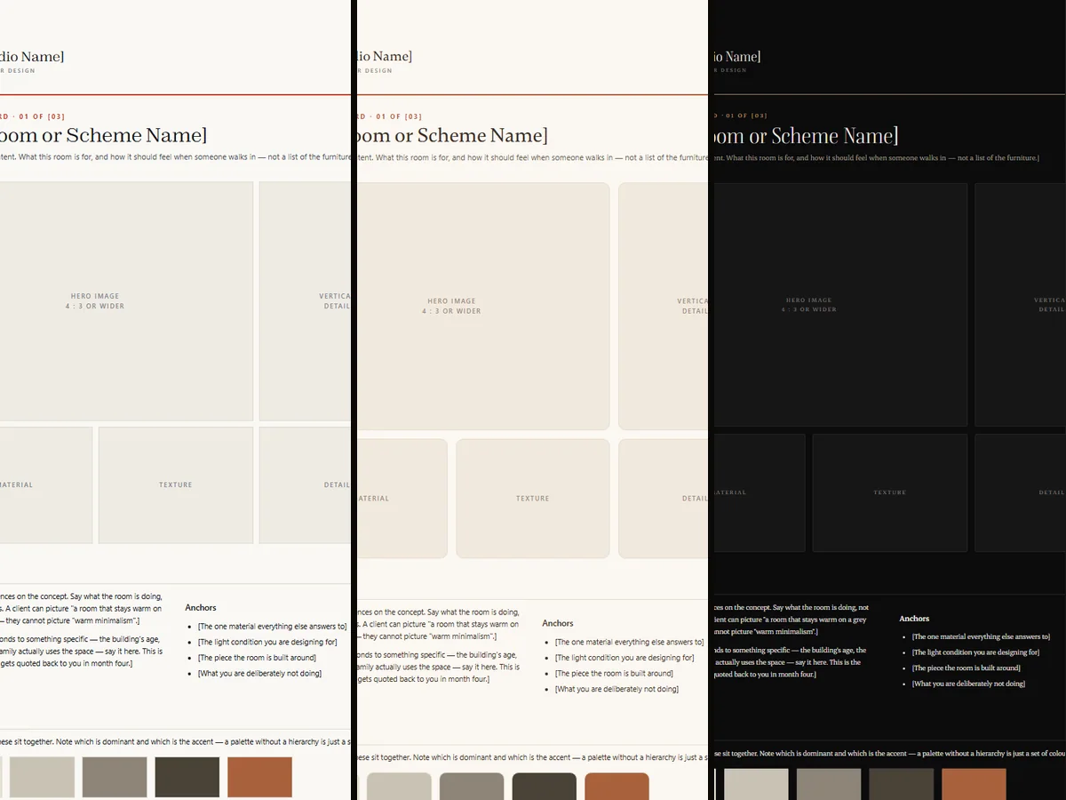 Concept board shown in three different house styles