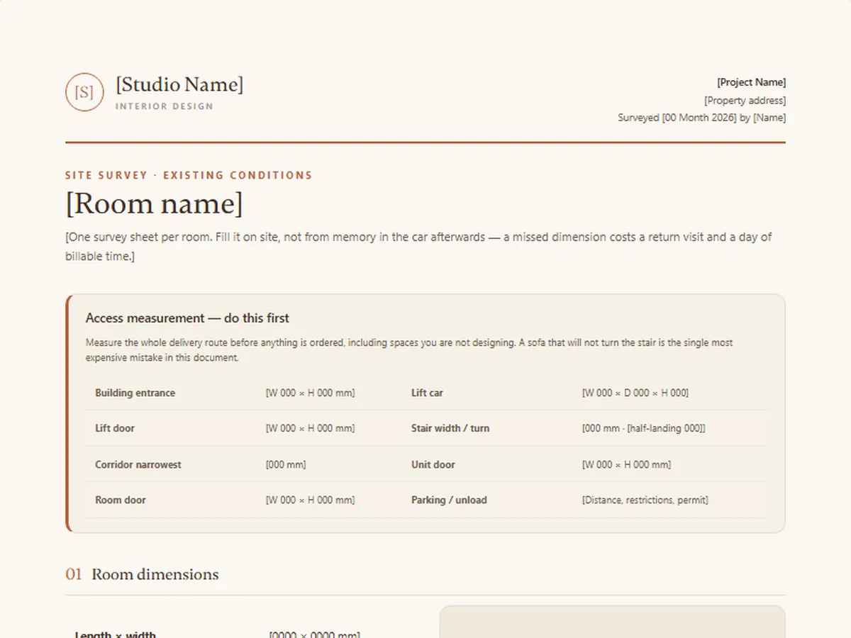 Room survey template, MARL house style