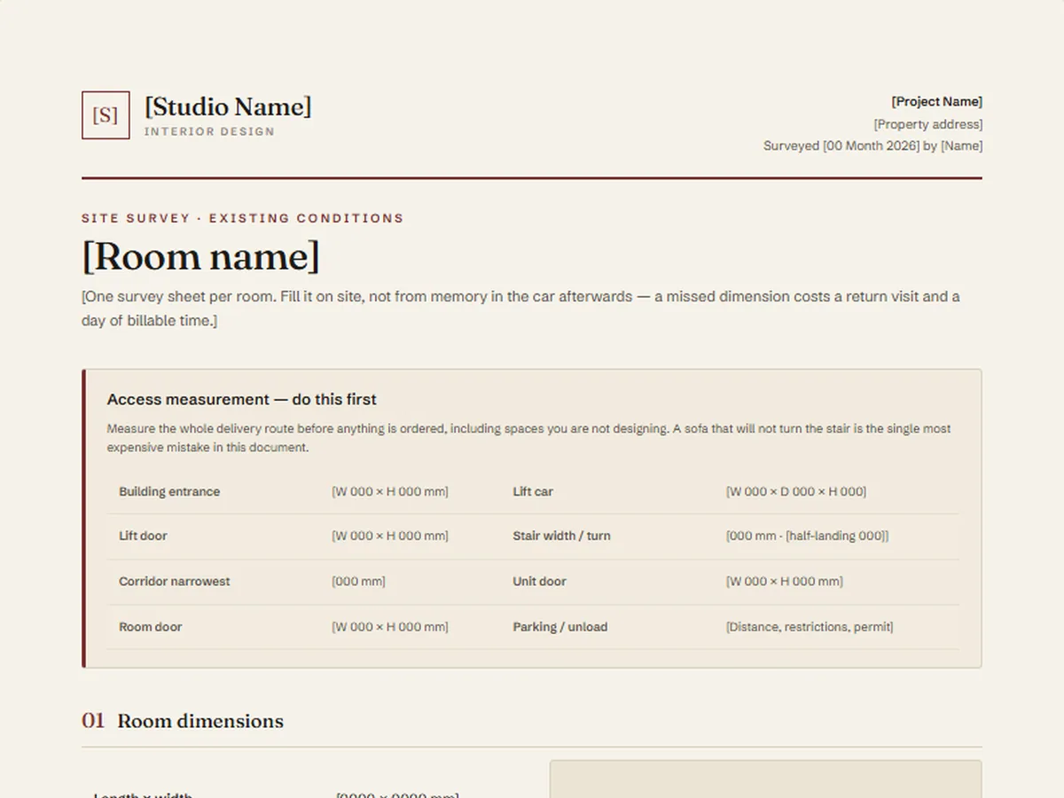 Room survey template, QUARTO house style