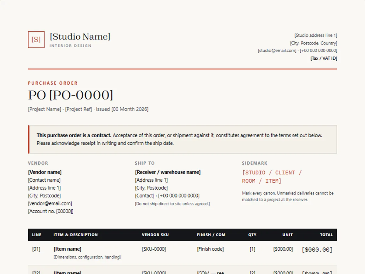 Purchase order template, DATUM house style