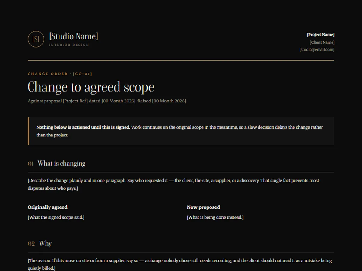 Change order template, NOCTURNE house style