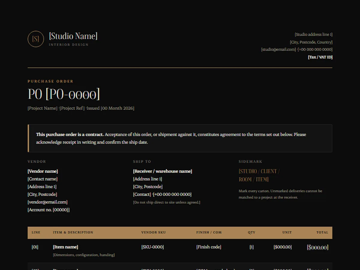 Purchase order template, NOCTURNE house style