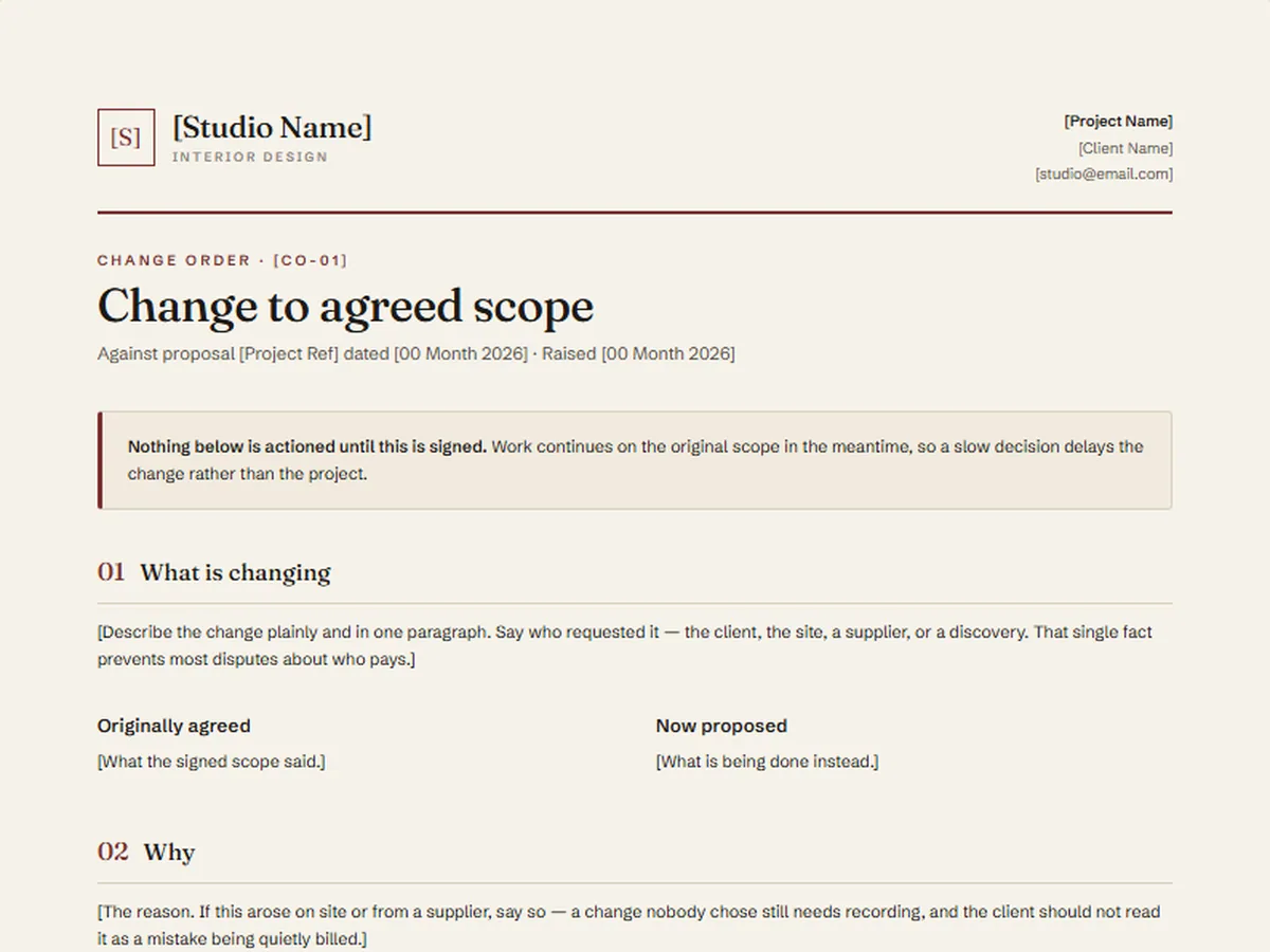 Change order template, QUARTO house style