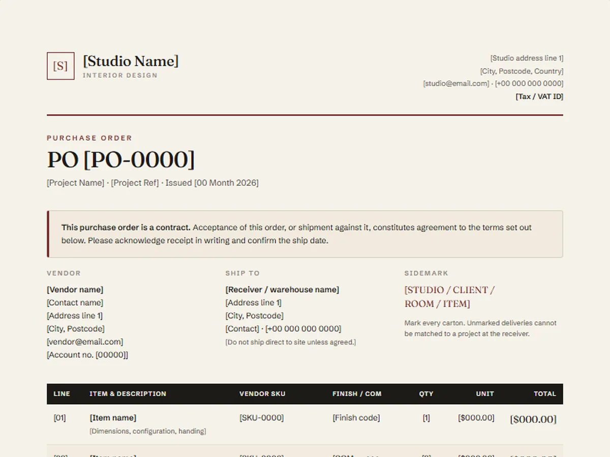 Purchase order template, QUARTO house style