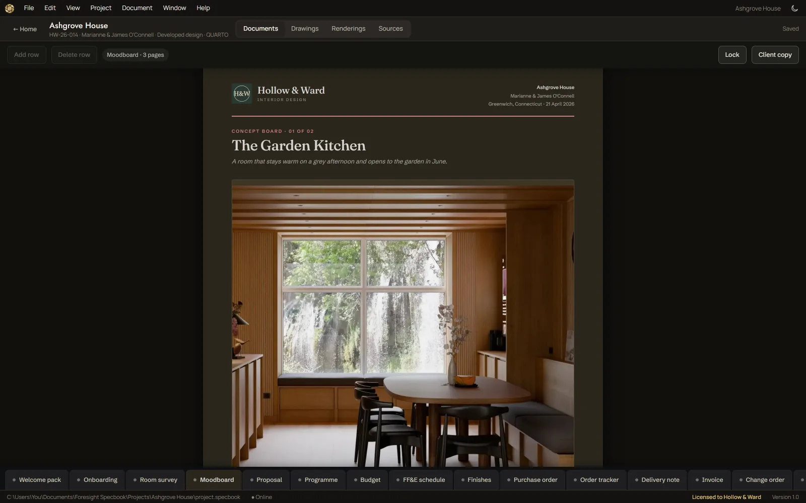 A concept board in Foresight Specbook, dark screen