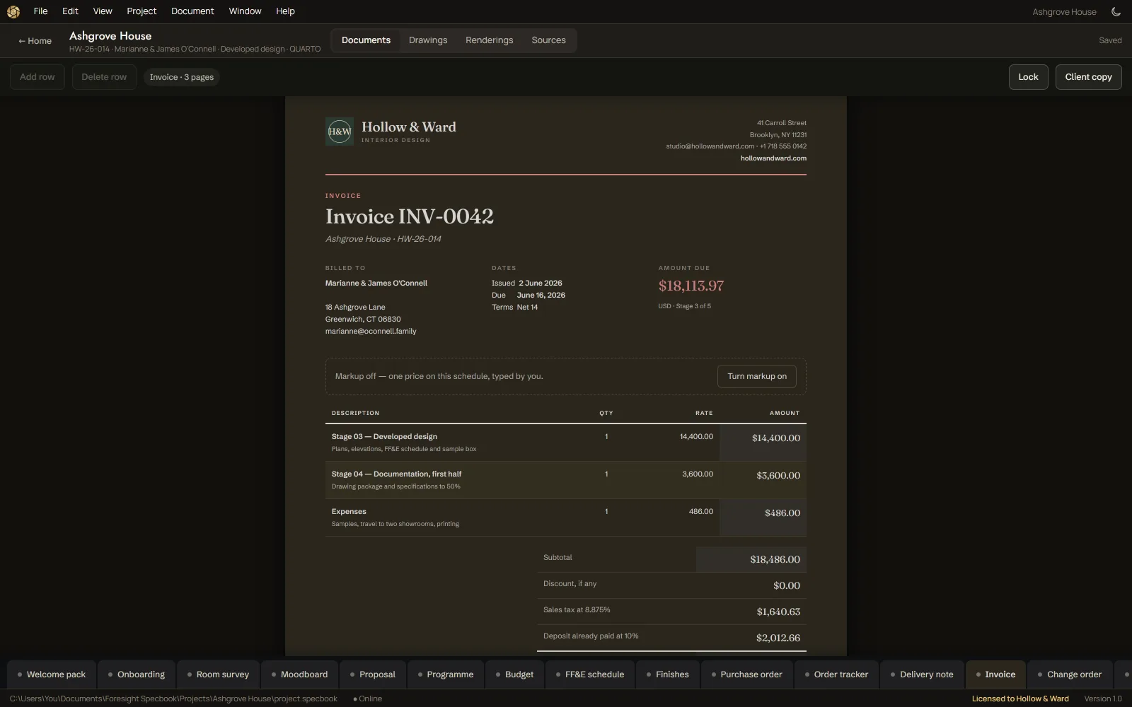An invoice in Foresight Specbook, dark screen