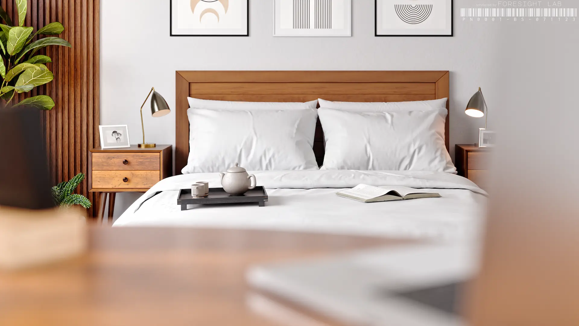Bed linen styled with a breakfast tray and open book in a Mid-Century bedroom — 3D rendering