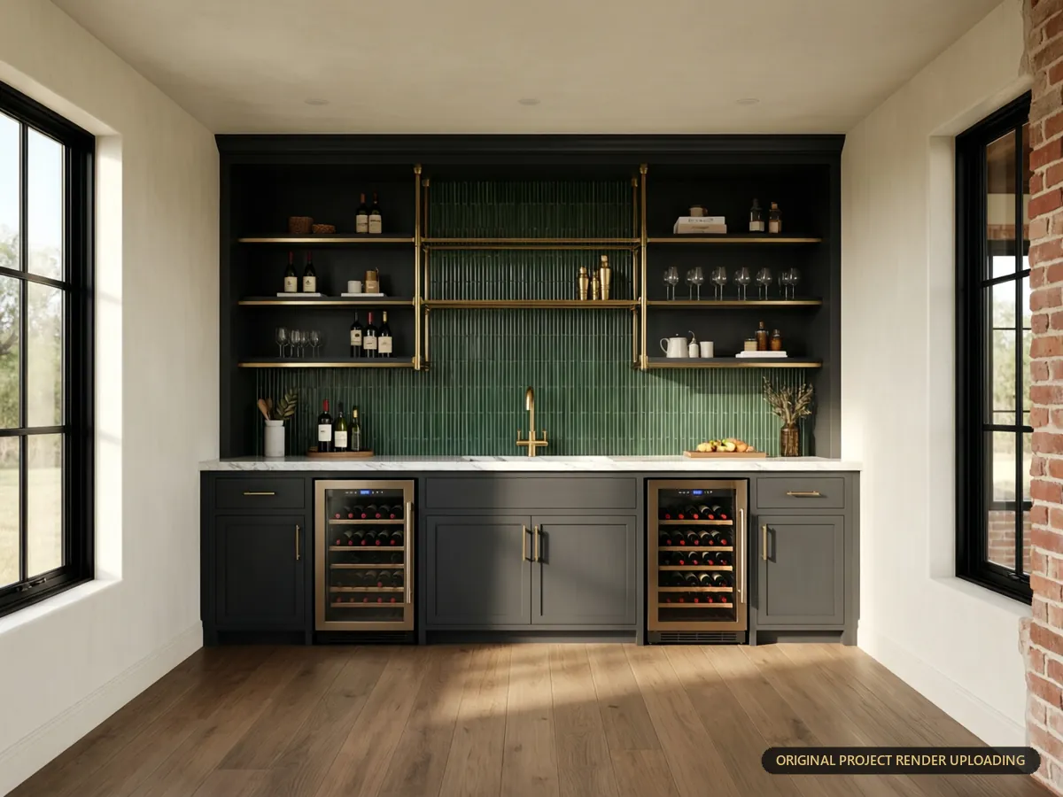 Bespoke home bar with charcoal shaker cabinetry, brass shelving, wine fridges and vertical green tile — 3D rendering