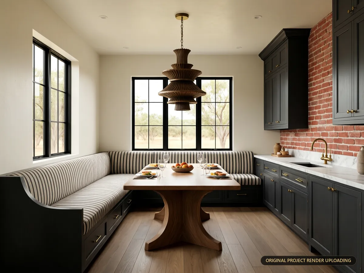 Breakfast banquette with striped upholstery, sculpted oak table and tiered sculptural chandelier — 3D rendering