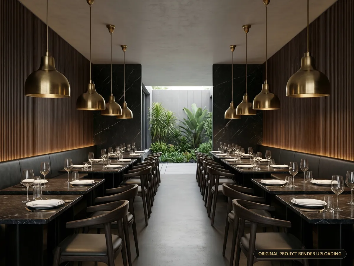 Brushed brass pendant reflecting against dark marble and acoustic wood panelling — 3D rendering