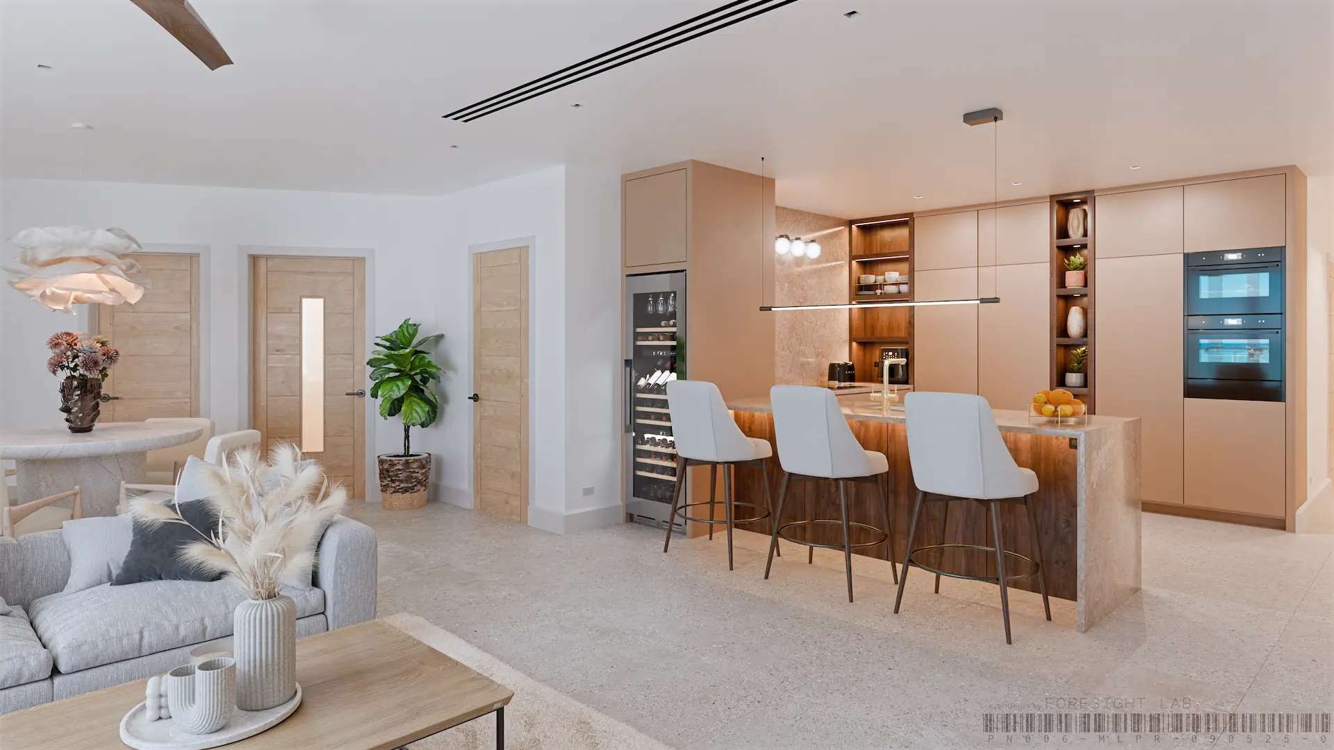 High Point kitchen, scheme 01 — blush cabinetry, a walnut island front and a travertine waterfall counter — 3D rendering