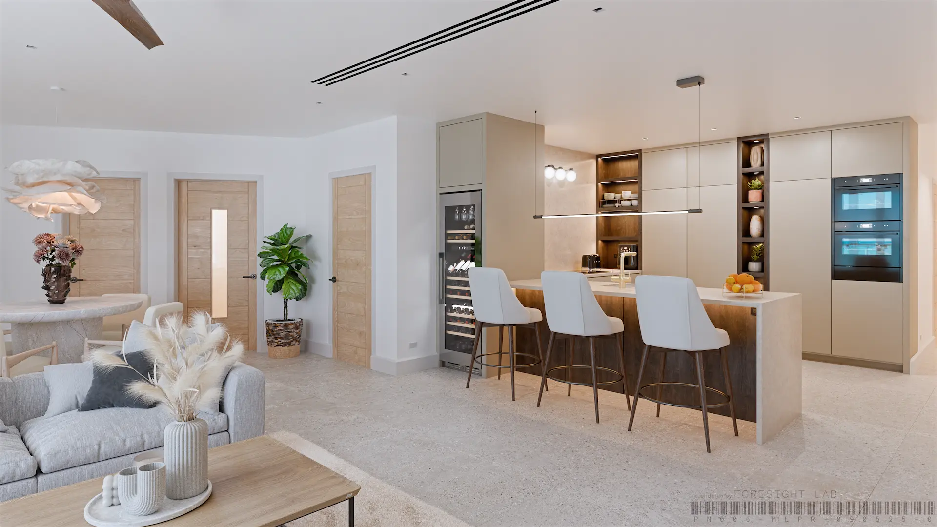High Point kitchen, scheme 02 — putty cabinetry, a dark oak island front and a pale stone counter — 3D rendering