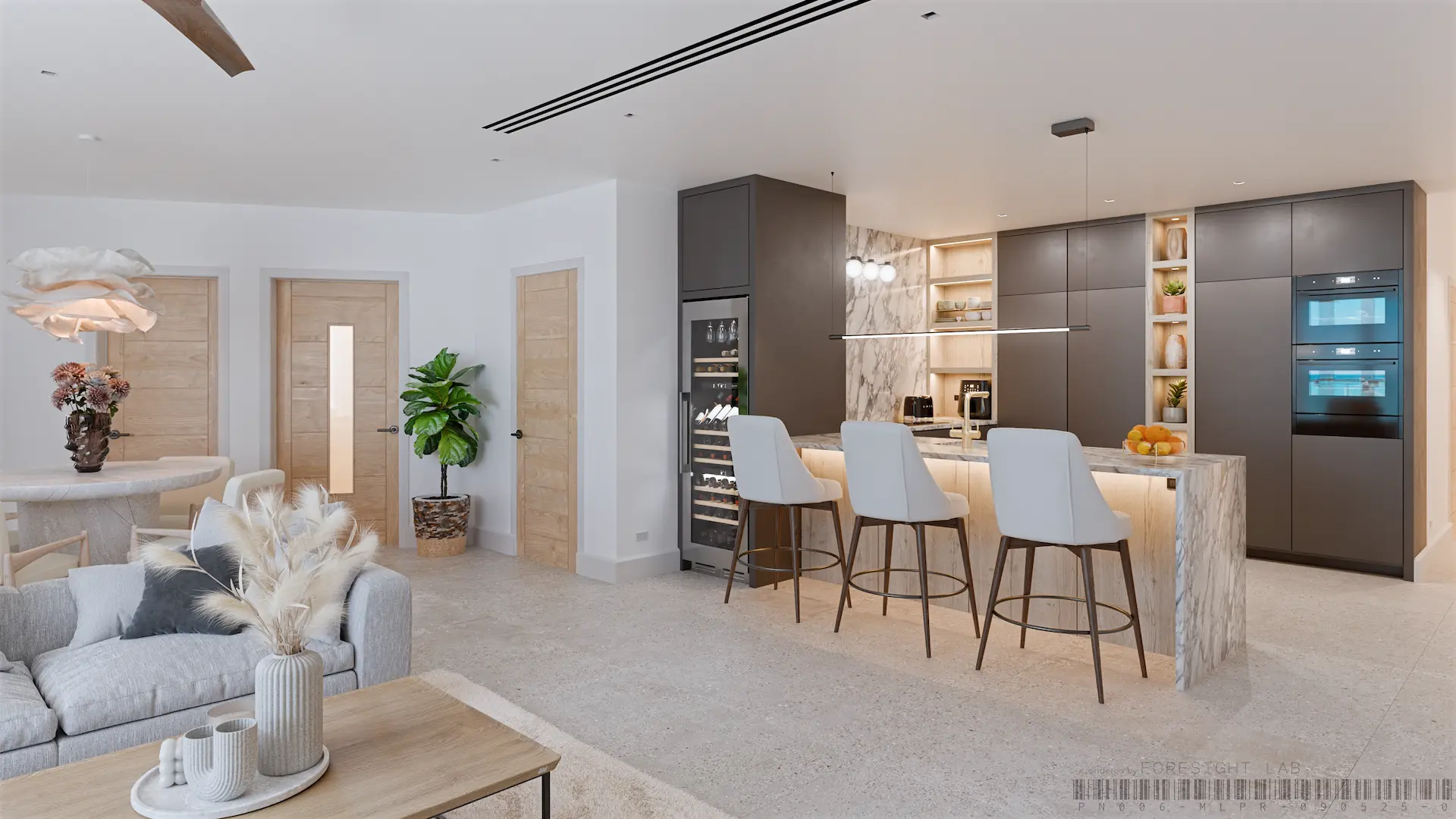 High Point kitchen, scheme 03 — charcoal cabinetry, a pale oak island front and a veined marble waterfall — 3D rendering