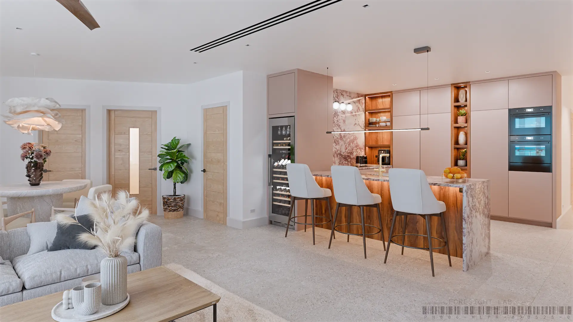 High Point kitchen, scheme 04 — dusty pink cabinetry, a figured walnut island front and rose-veined marble — 3D rendering