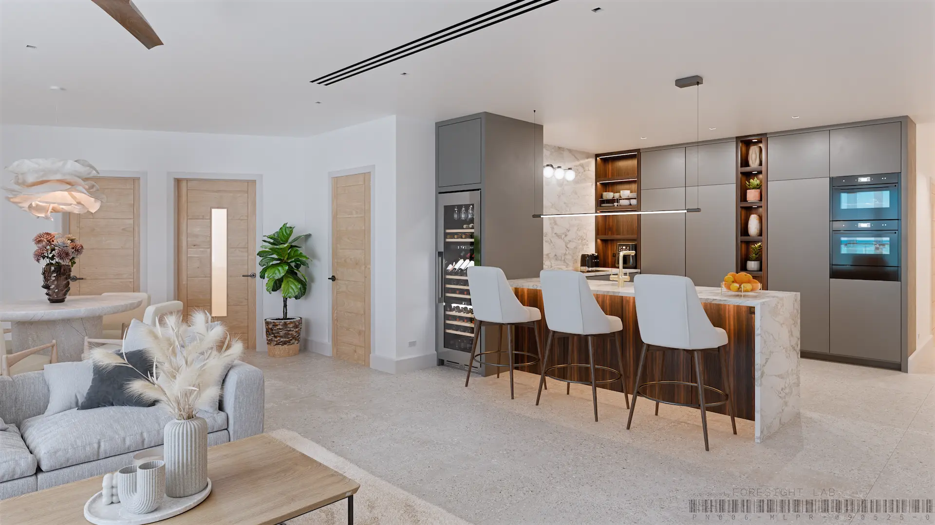 High Point kitchen, scheme 05 — grey cabinetry, an ebony island front and a Calacatta marble waterfall — 3D rendering