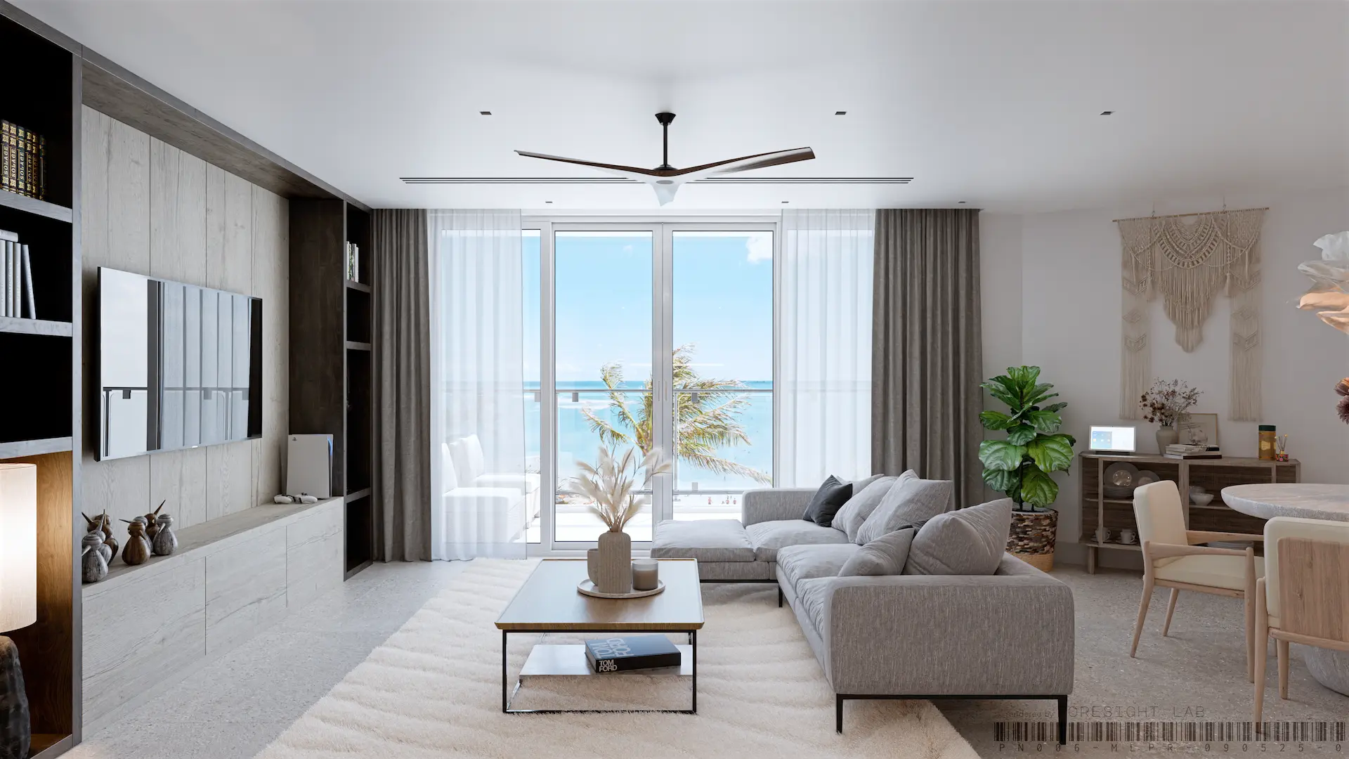 Living room with balcony ocean view, Cayman Islands — 3D render