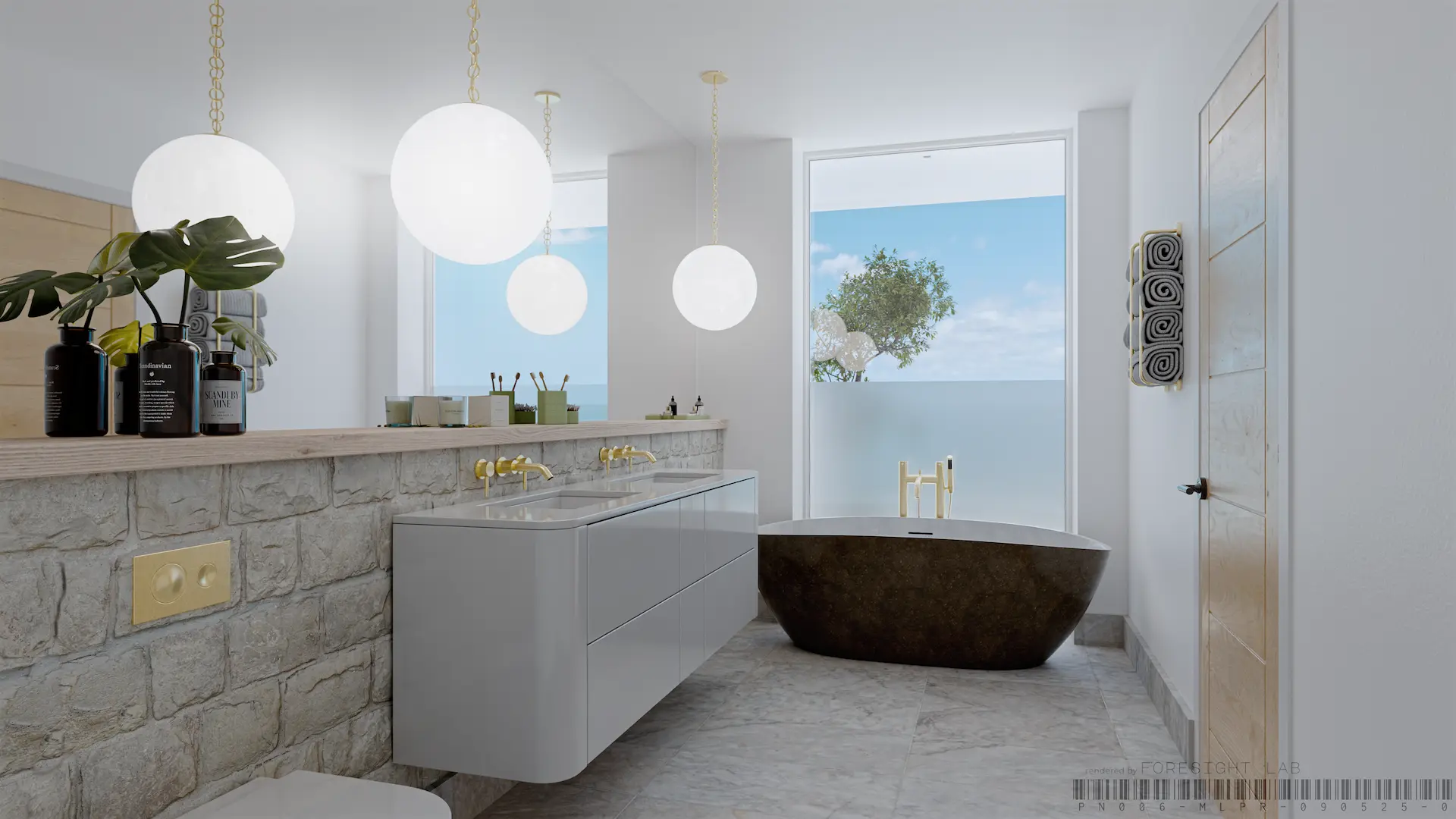 Bathroom with a dry-stone feature wall, a floating twin vanity, brass fittings and a stone bath at the window — 3D rendering