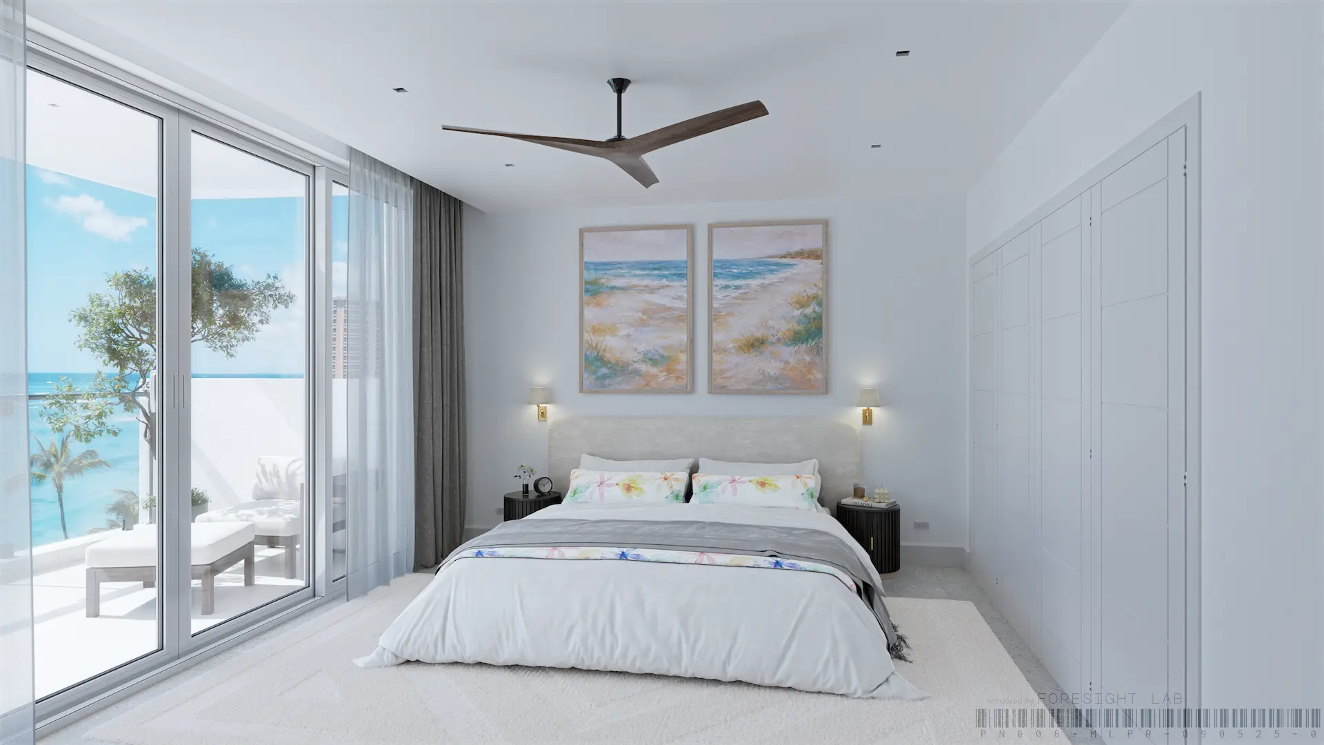 Master bedroom with an upholstered headboard, brass wall sconces and floor-to-ceiling glass onto a balcony above the sea — 3D rendering