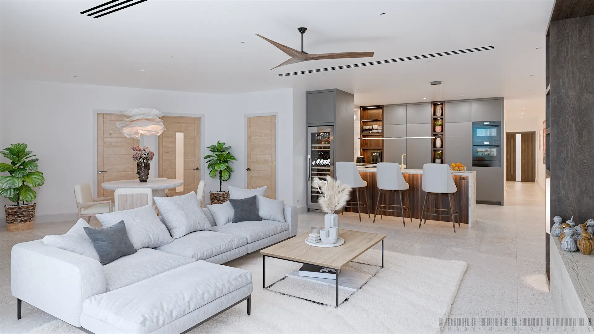 Open-plan living and dining looking through to the kitchen, with a walnut island, integrated wine store and a timber ceiling fan — 3D rendering