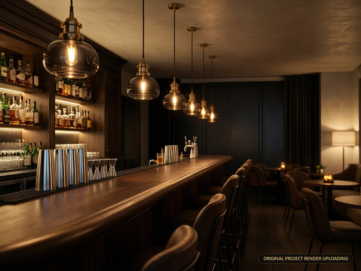 J-Effkay pendants over intimate booth seating in a cocktail bar — 3D rendering