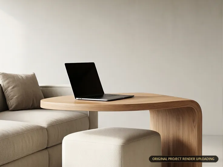 Detachable C-shaped side table pulled alongside a sofa and used as an ergonomic laptop desk — lifestyle 3D rendering