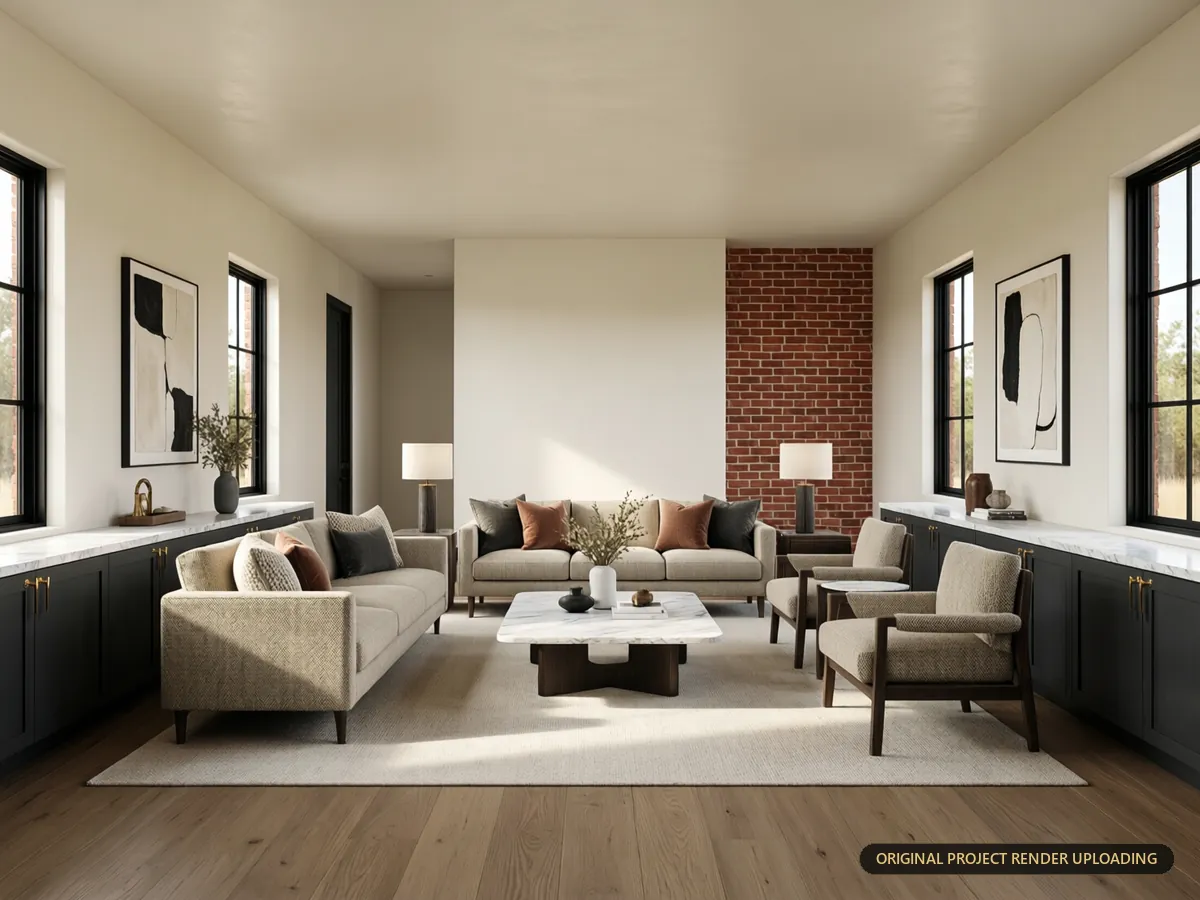 Formal lounge with textured furniture, low-profile marble coffee tables and contemporary wall art — 3D rendering