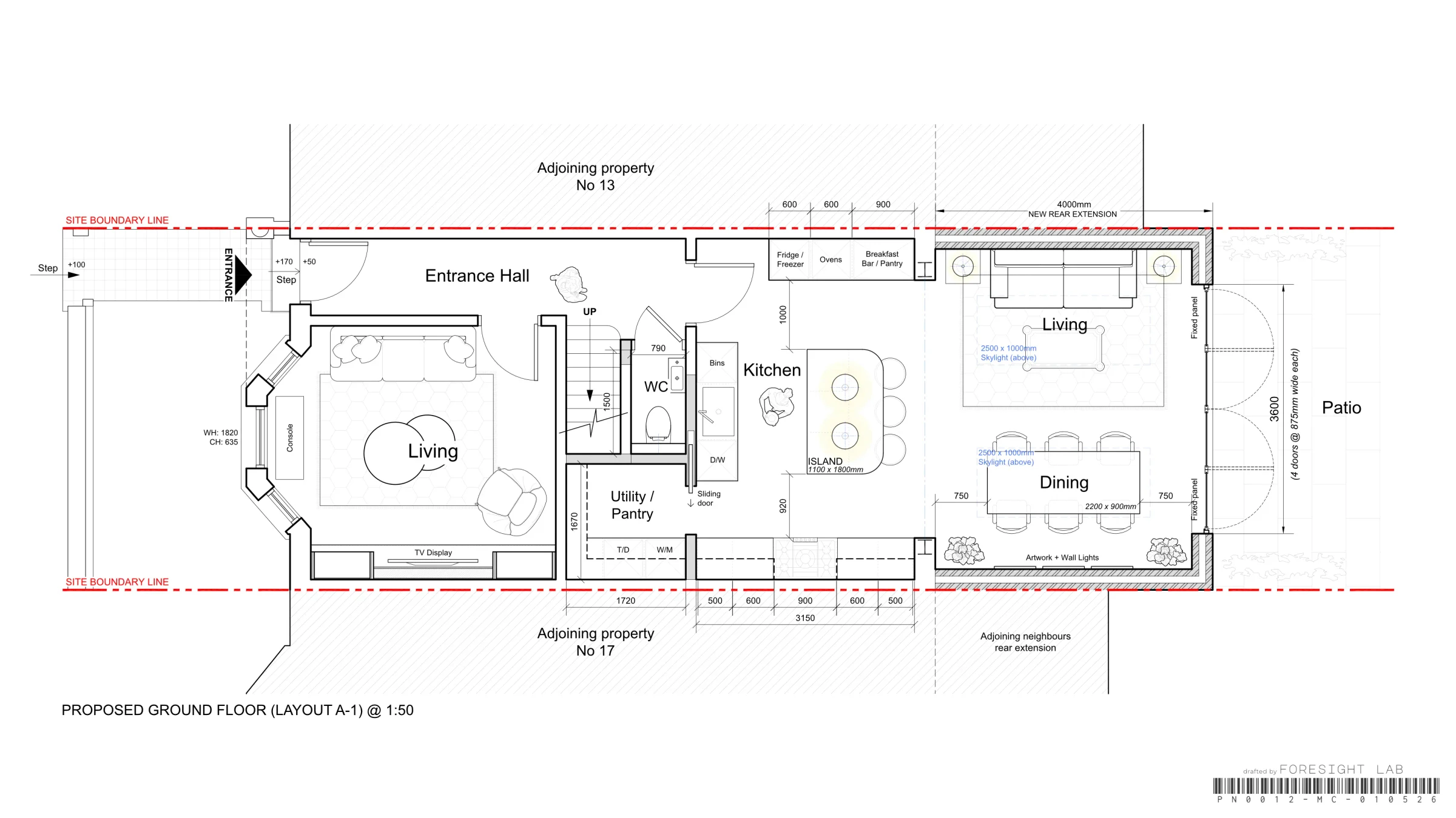 Ground floor extension layout A-1 — CAD floor plan with an island kitchen and open-plan living and dining in a 4m rear extension