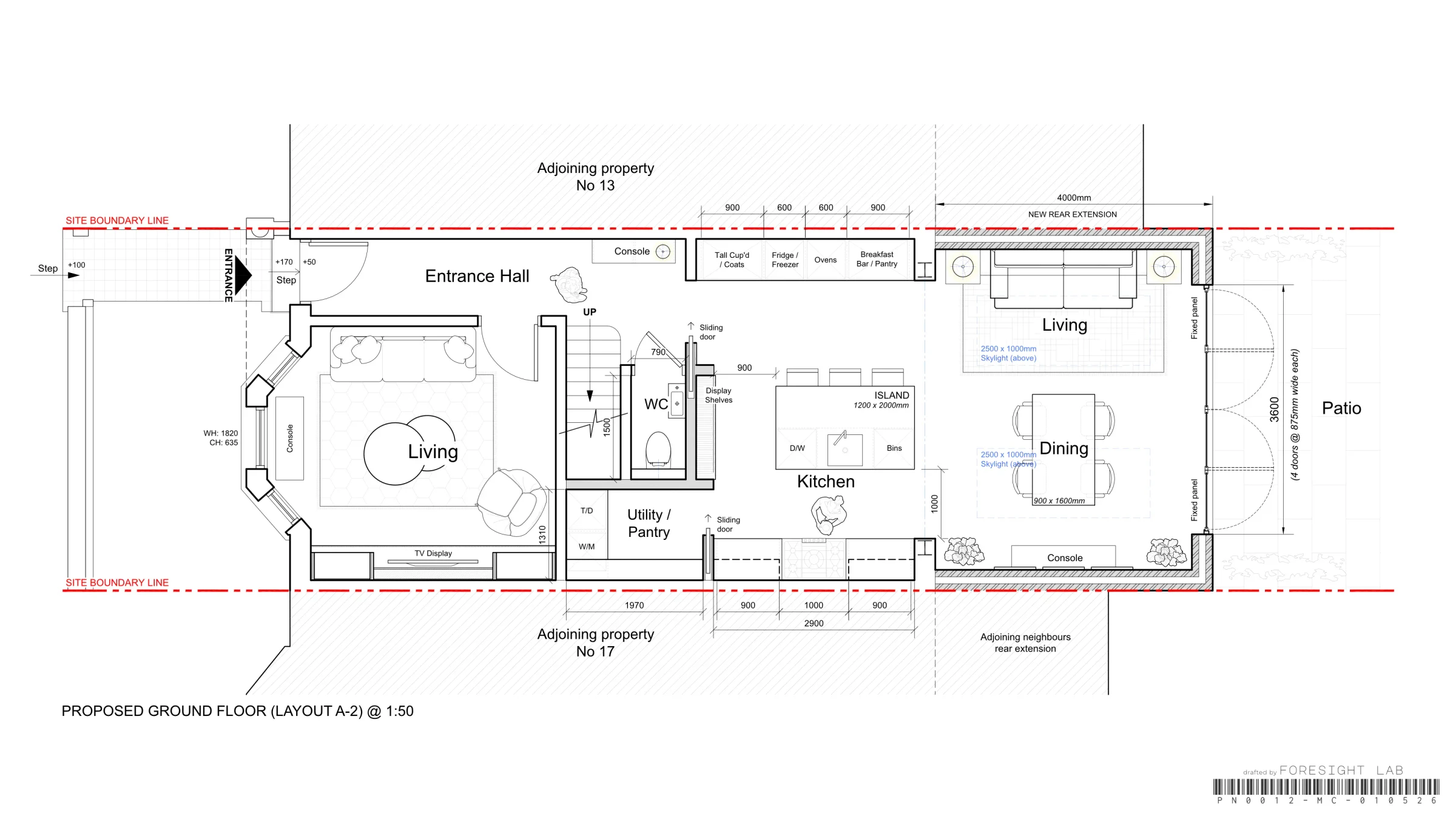 Ground floor extension layout A-2 — CAD floor plan with a 1200 x 2000mm island and display shelving