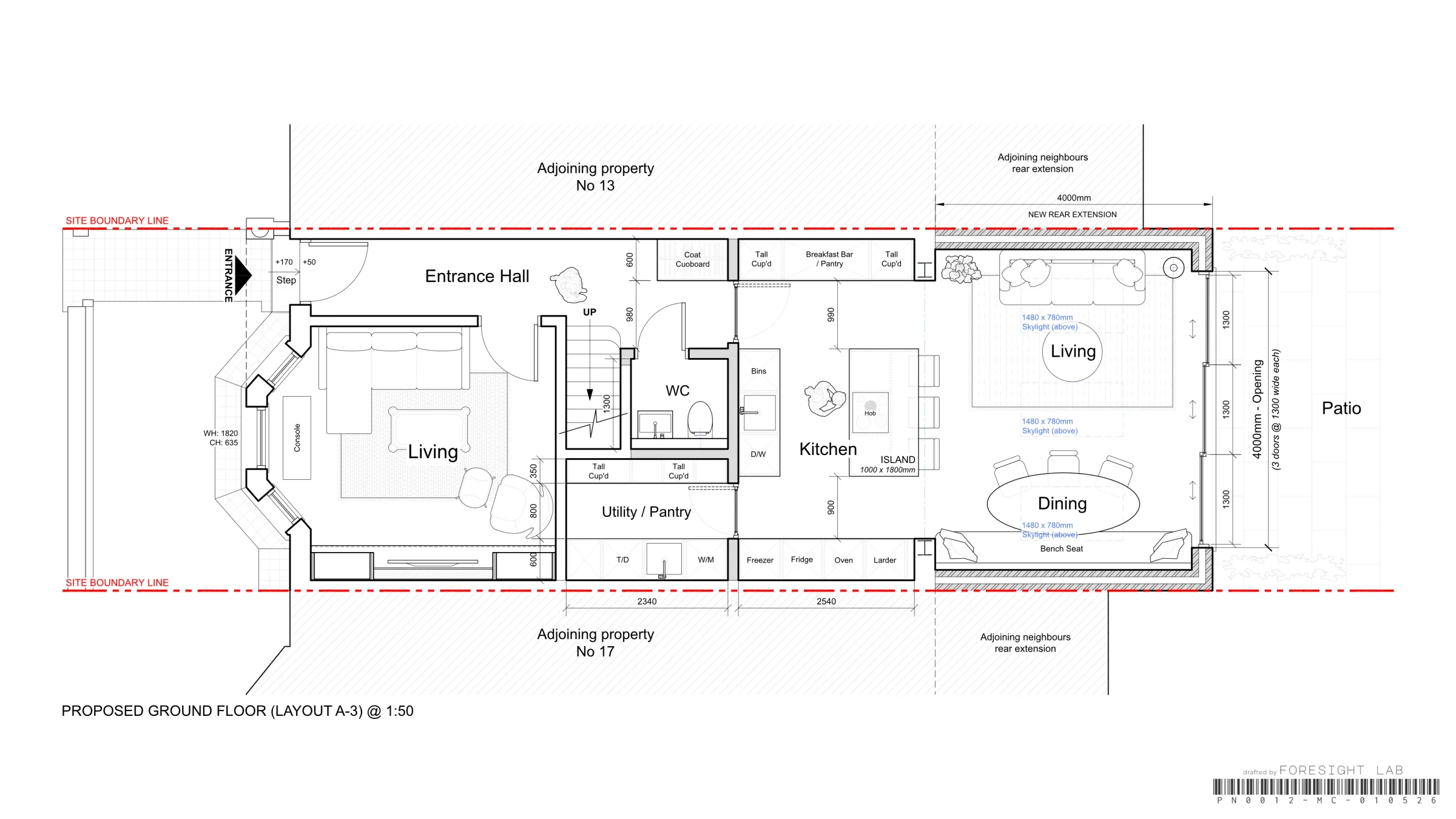 Ground floor extension layout A-3 — CAD floor plan with a larder and bench-seat dining in the rear extension