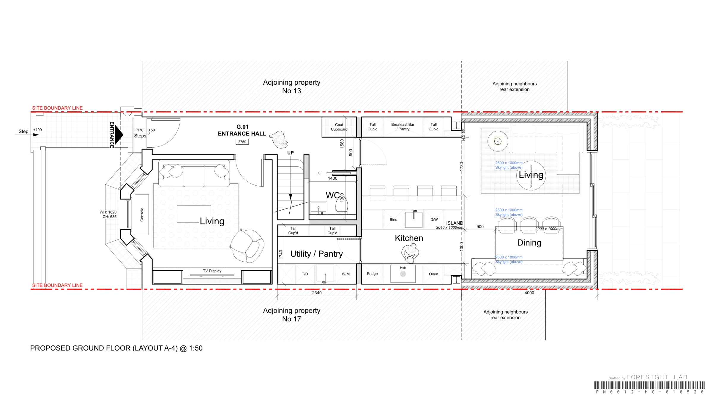 Ground floor extension layout A-4 — CAD floor plan with a more enclosed kitchen and a 27 square metre entrance hall