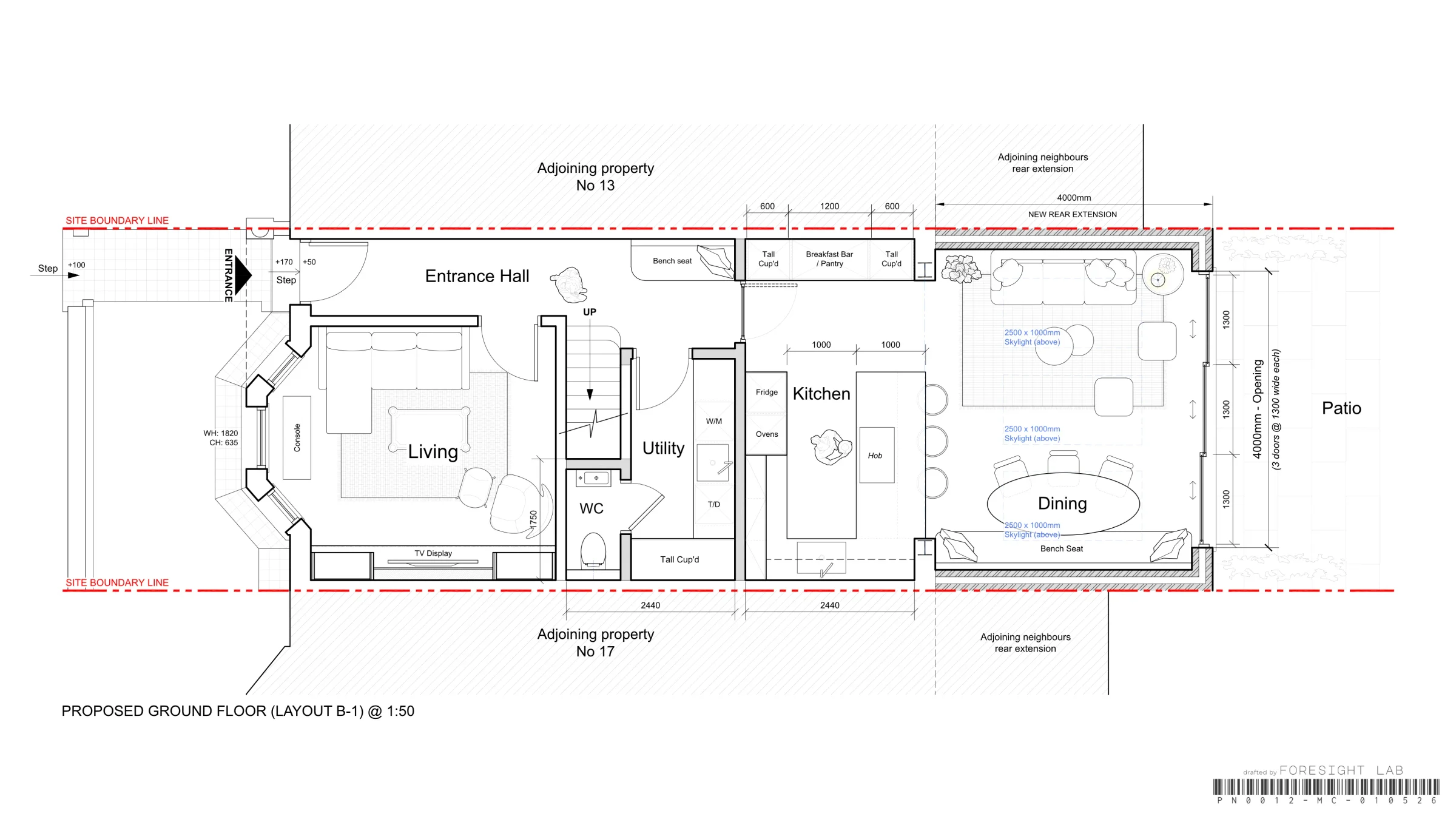 Ground floor extension layout B-1 — CAD floor plan with a separate utility room and bench-seat dining