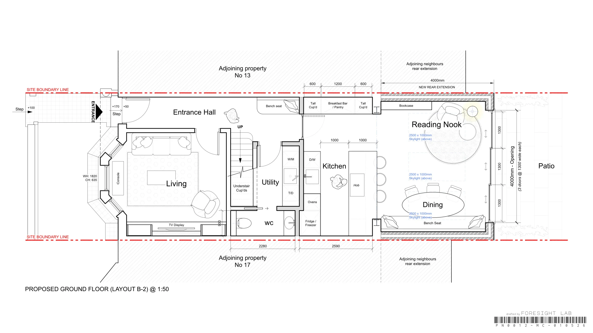 Ground floor extension layout B-2 — CAD floor plan with a reading nook and bookcase wall in the rear extension