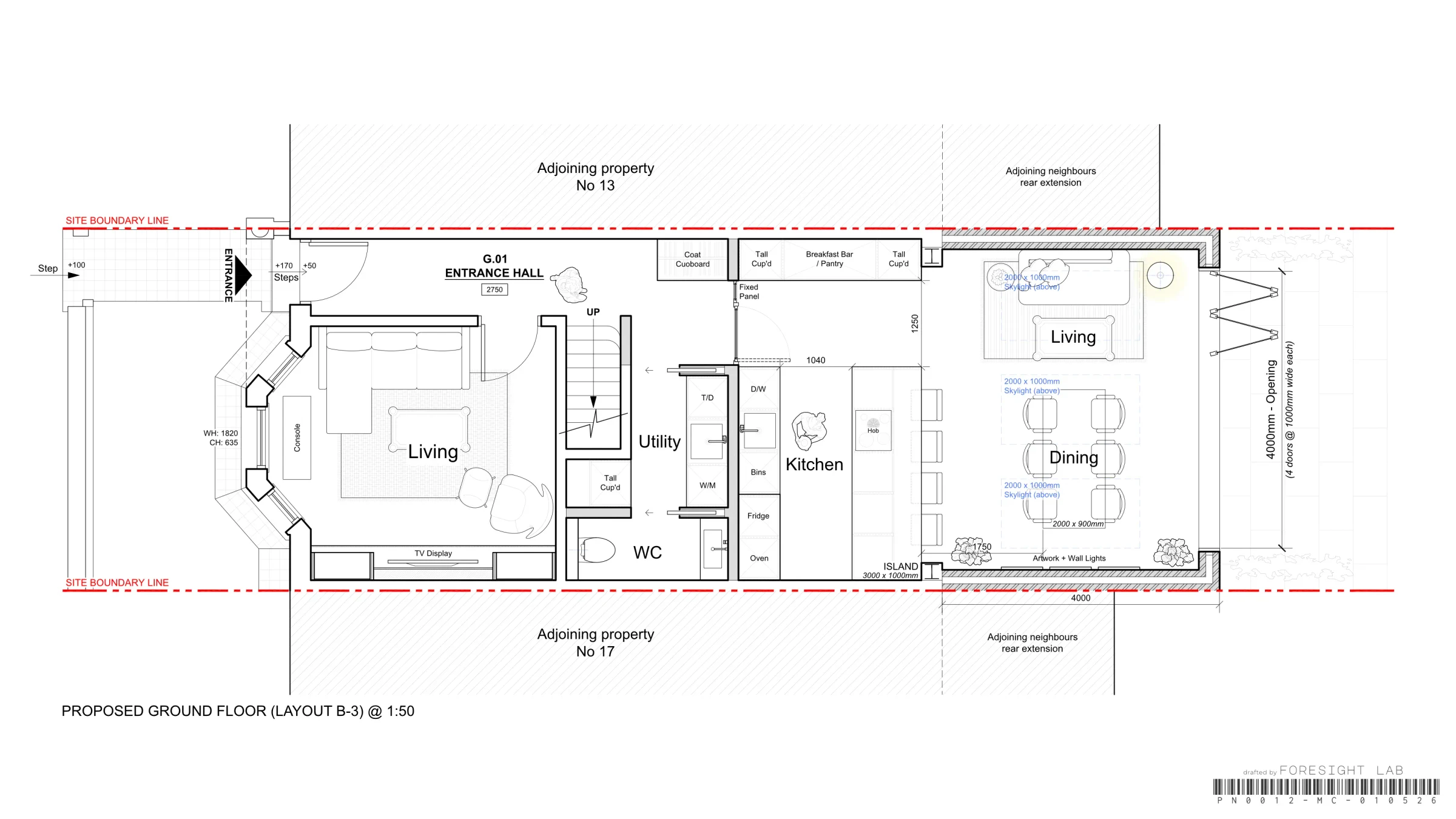 Ground floor extension layout B-3 — CAD floor plan with a 3000mm island run and open kitchen