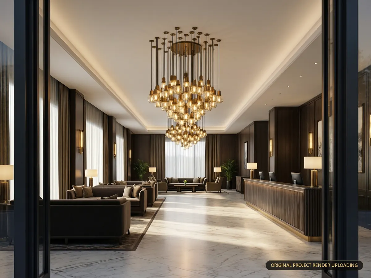 View from the street entrance into the hotel lobby with the pendant cluster as a beacon — 3D rendering