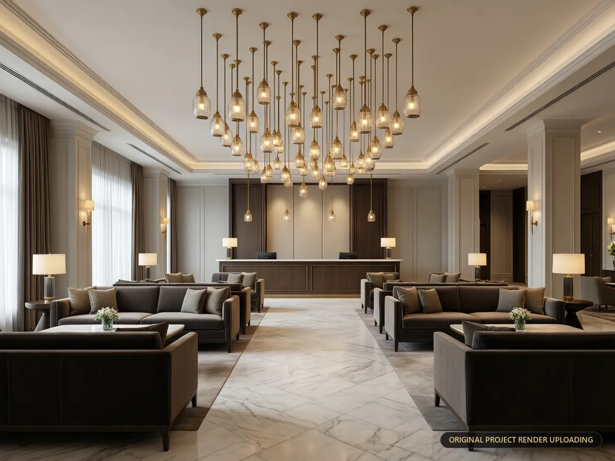 View from the lounge seating past the sofas toward the hotel reception desk — 3D rendering