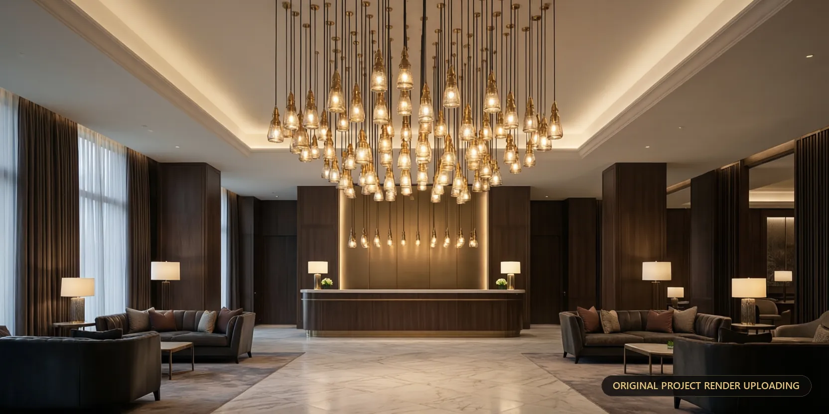 Hotel lobby with a cluster of over 50 Turn Me On Lebron pendant lights — 3D render