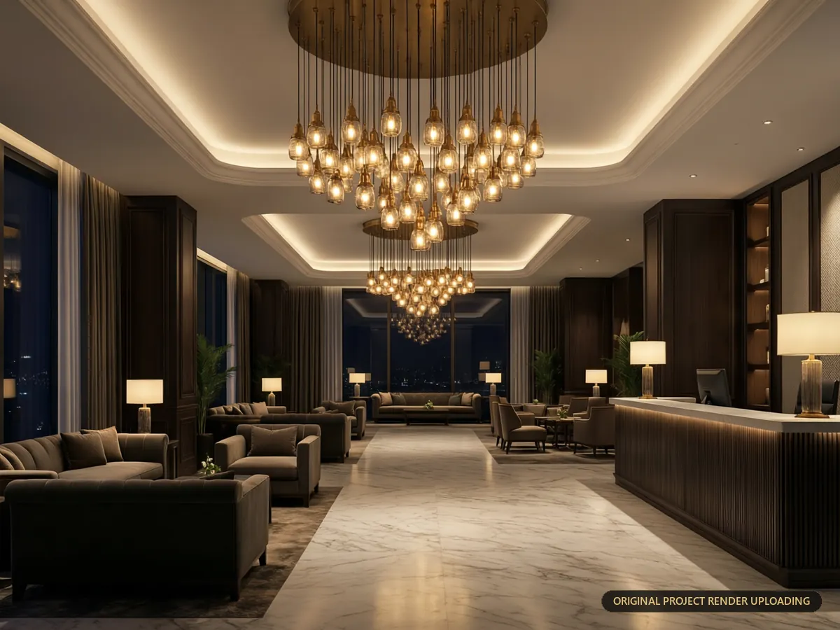 Hotel lobby at night lit only by the pendant cluster and cove lighting — 3D rendering
