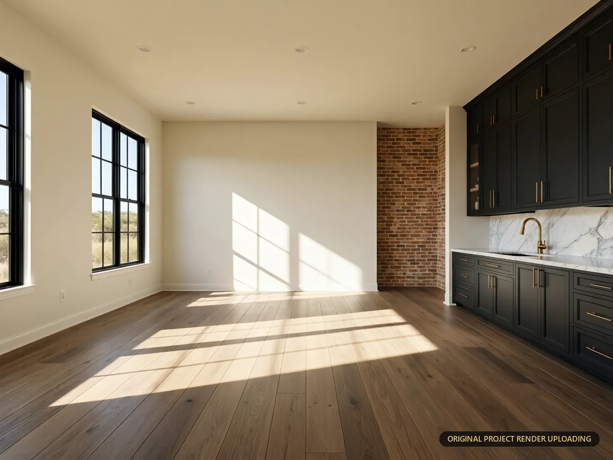 Lighting study showing sunlight penetration and beam shadows across timber flooring — 3D rendering