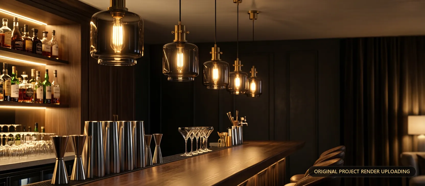 Luxury cocktail bar interior lit by J-Effkay pendant lights — 3D rendering