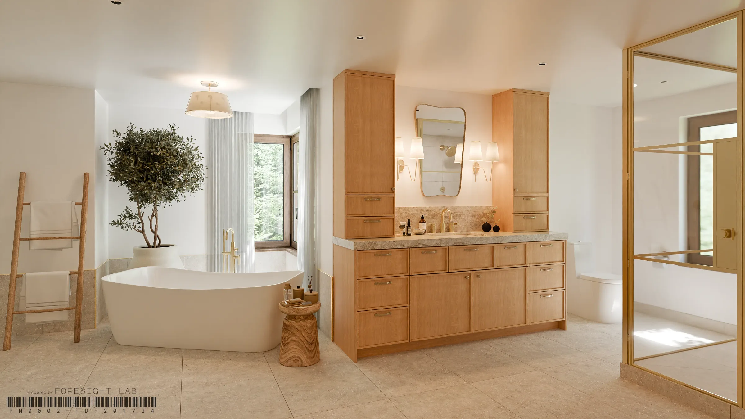 Brass-framed glass shower enclosure beside a white oak vanity — 3D rendering