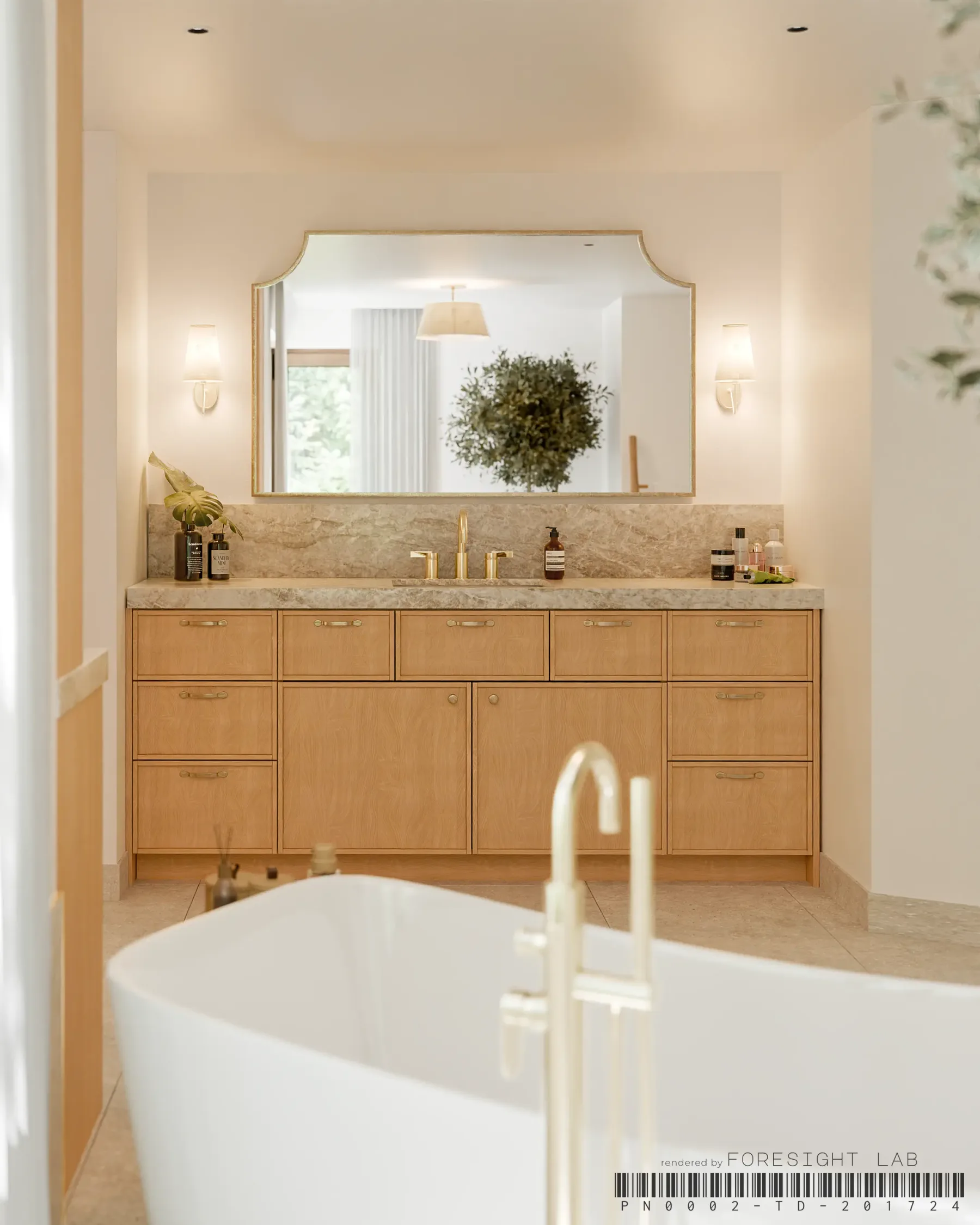 White oak double vanity with stone counter, arched mirror and brass tapware — 3D rendering