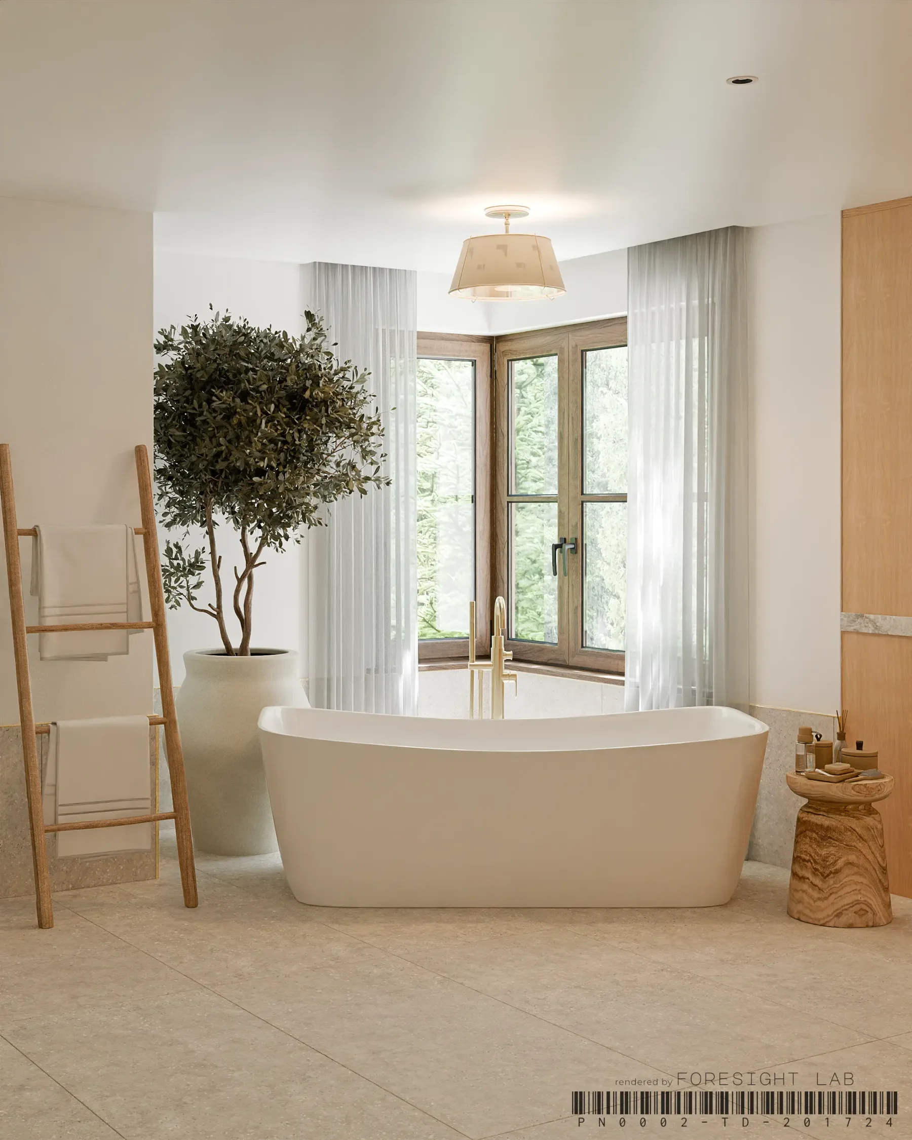 Freestanding tub beneath a window with an olive tree and ladder towel rail — 3D rendering