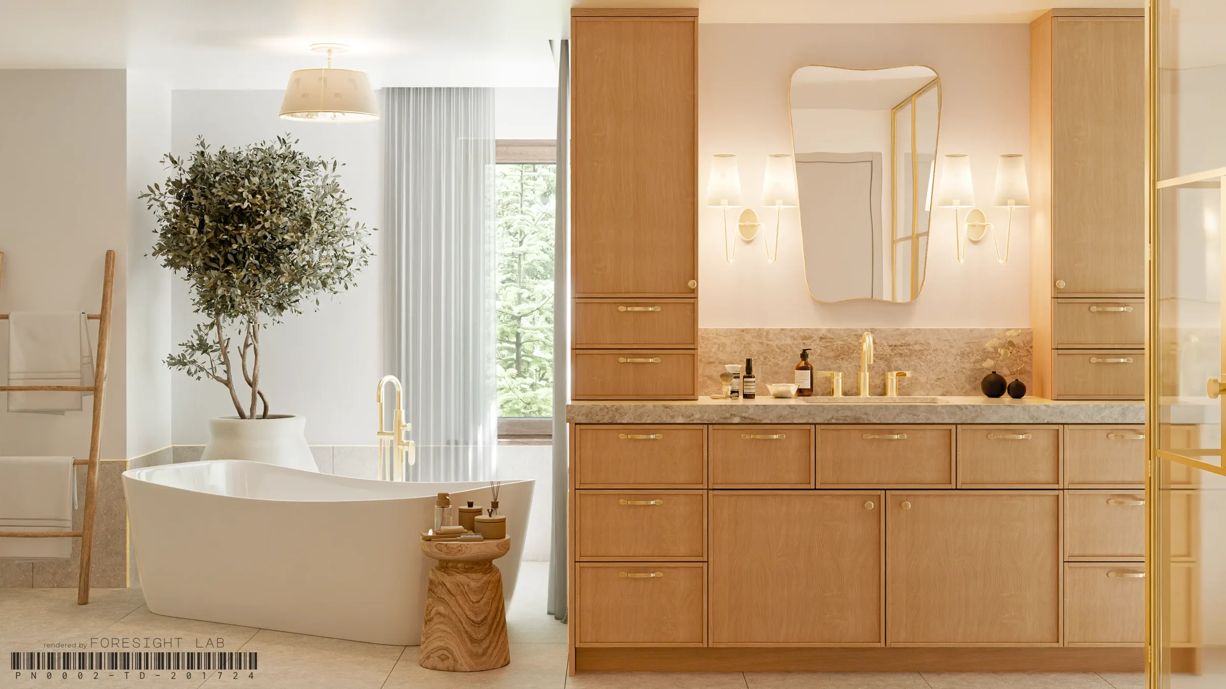 Freestanding tub and white oak vanity with brass fixtures in a master bathroom — 3D rendering